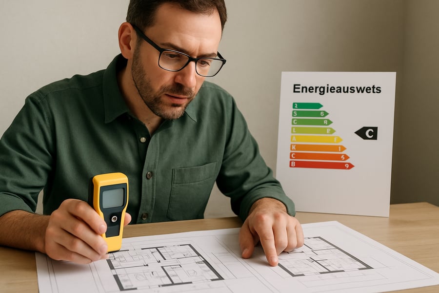 Energieberater prüft Pläne von Wohngebäuden Energieberater prüft Pläne von Wohngebäuden